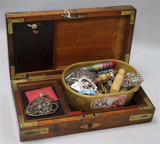 A box of assorted curios including paste buckle etc. and a brass mounted wooden box.